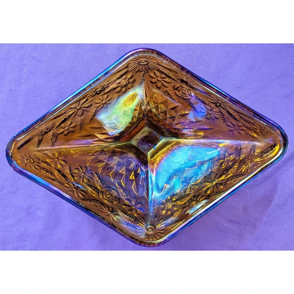 Indiana Carnival Glass Diamond Shaped Pedestal Dish Amber Iridescent Vintage